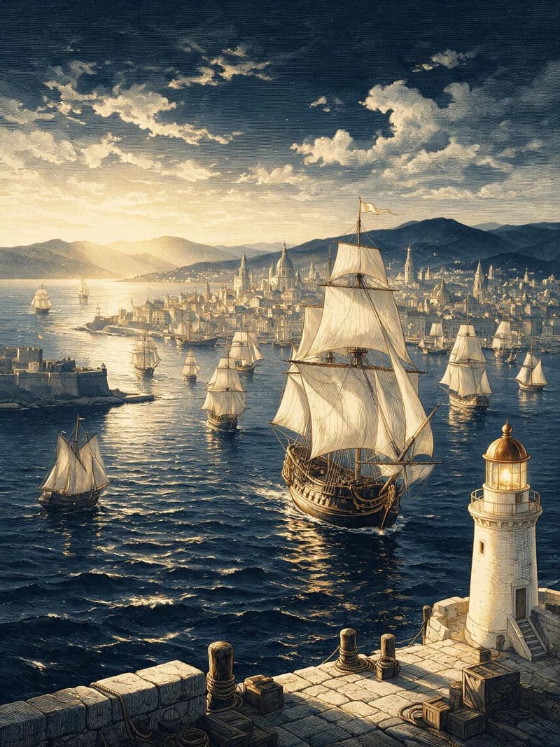 Puerto clásico con barcos — símbolo de capital con propósito