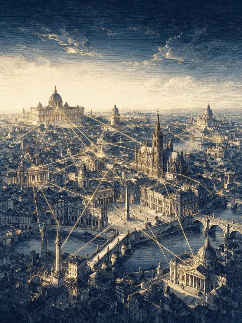 Ciudad con red de conexiones — símbolo de alianzas globales